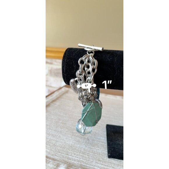 Boho Silver Tone Charm Bracelet Hearts Turquoise Glass Beads Toggle Statement - Picture 16 of 16